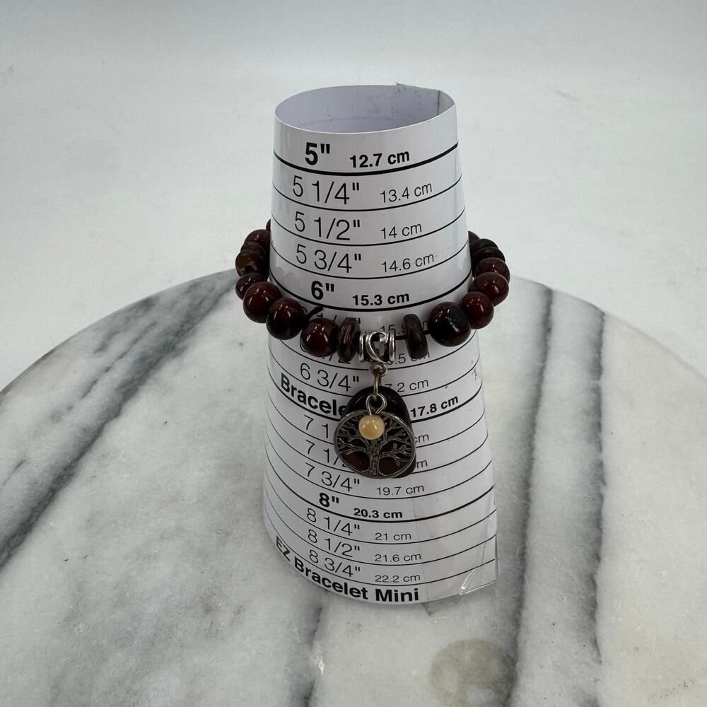 Tree pendant brown beaded earthy boho Stretchy bracelet